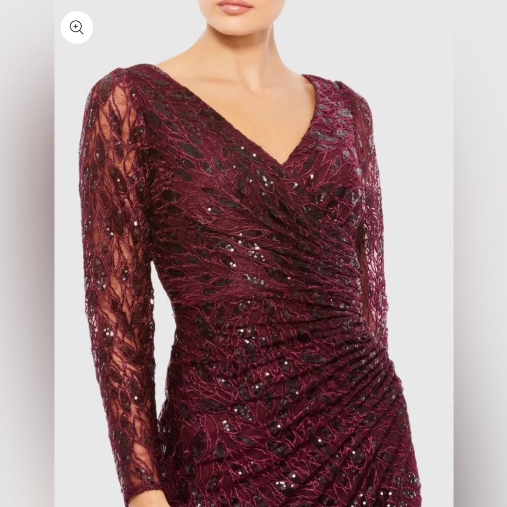 NWT | Mac Duggal 12412 Garnet Red Long Sleeve Sequined V-Neck Gown Size 12 - Picture 4 of 15